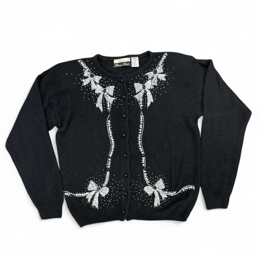 VTG Dana Scott Cardigan Christmas Sweater Black Silk Wool Angora Blend Women’s M - Picture 3 of 14